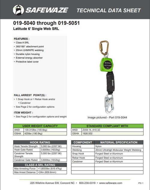Safewaze 019-5044 - Latitude 6' Single Web SRL: Carabiner, Snap Hook