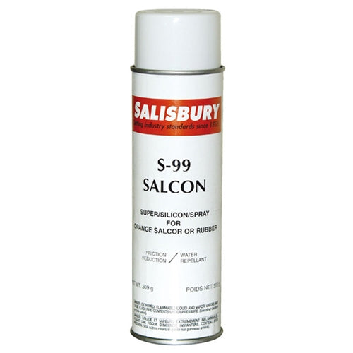 SafetyCo Salisbury SALCON SILICONE SPRAY; PRICED PER CAN Description The S99 SALCON® Silicone Spray is specially formulated to reduce friction on SALCOR® or natural rubber protective equipment. Forms an oxygen barrier which helps reduce corona cutting and weather checking on rubber equipment. May also be used to spray spark plugs and battery terminals in damp weather to assist in starting.  Use on Orange Salcor Use on Rubber PPE Friction Reduction Water Repellant 16-oz Aerosol Can