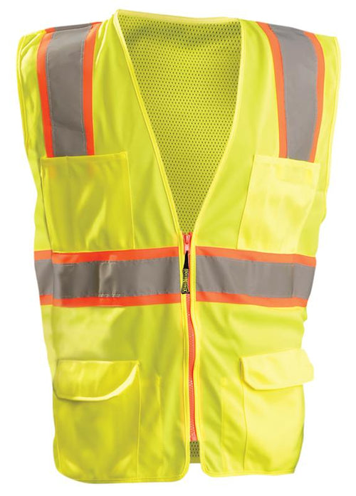SafetyCo Occunomix High Visibility Classic Mesh Two-Tone Surveyor Safety Vest Meets ANSI/ISEA 107-2015 Class 2 - Type R Polyester Solid Front/Mesh Back 2" Reflective Tape Zipper Closure Large arm opening for ease over outwear 25 Washes Inner Pockets: 2 Lower Outer Pockets: 2 Lower Flapped, 1 Divided and 4 Pen Compartments