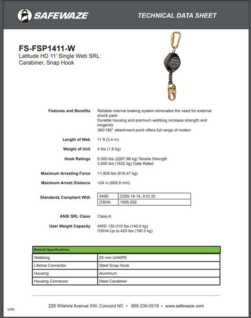 Safewaze - FS-FSP1411-W - Latitude HD 11' Single Web SRL: Carabiner, Snap Hook
