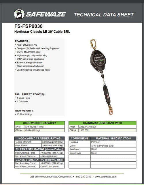 Safewaze FS-FSP9030 - Northstar Classic LE 30' Cable SRL