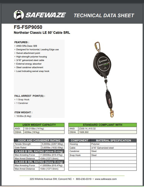 Safewaze FS-FSP9050 - Northstar Classic LE 50' Cable SRL