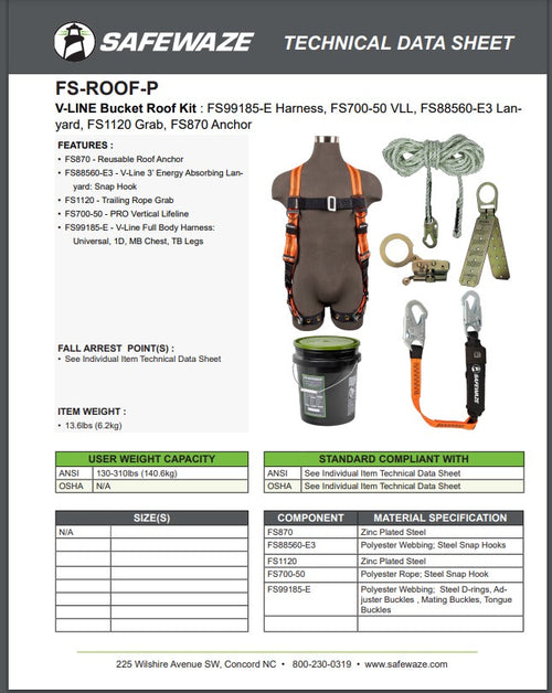 Safewaze FS-ROOF-P - V-Line Bucket Roof Kit: FS99185-E Harness, FS700-50 VLL, FS1120 Grab, FS88560-E3 Lanyard, FS870 Anchor