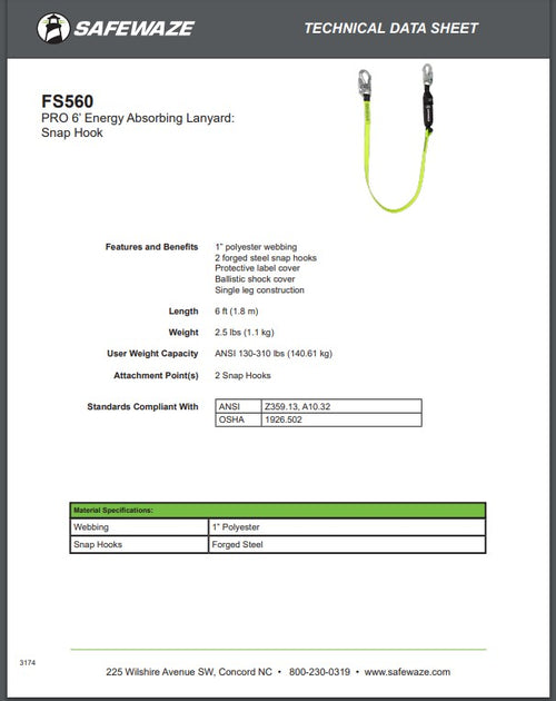 Safewaze FS560 PRO 6' Energy Absorbing Lanyard: Snap Hook