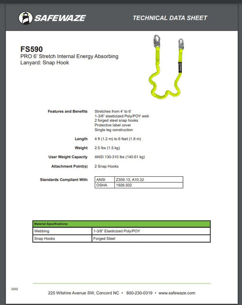 Safewaze FS590 - PRO 6' Stretch Internal Energy Absorbing Lanyard: Snap Hook