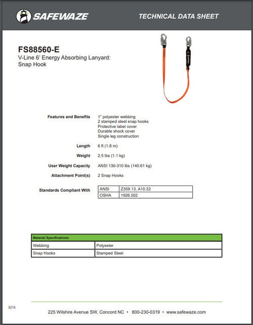 Safewaze FS88560-E - V-Line 6' Energy Absorbing Lanyard: Snap Hook