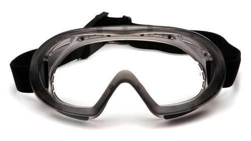 SafetyCo Pyramex GG504T Gray Direct/Indirect Goggle with Clear H2X Anti-Fog Lens  Features  Fits over prescription glasses Soft vinyl goggle body conforms to facial contours Goggle provides protection against dust and chemical splash Removable vent caps allow the user to remove when more ventilation is required or leave in place for unsurpassed chemical splash resistance Passes D3: Droplet and Splash Test – provides protection from droplets and splashes Passes MIL-PRF 32432 High Velocity Impact Standards