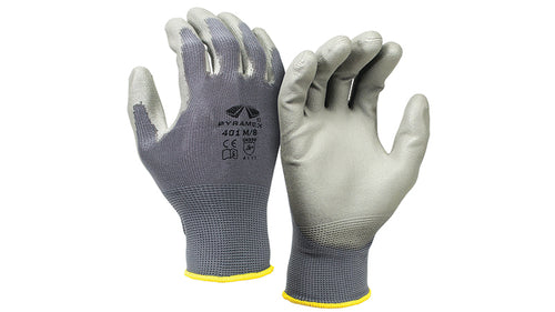 SafetyCo Pyramex Polyurethane Dipped Gloves (GL401 Series) 13 gauge nylon liner Tear and abrasion resistant Low particulate shed Grips well without being sticky Offers tactile sensitivity and dexterity