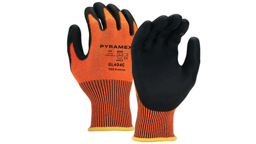 SafetyCo Pyramex Polyurethane Dipped Gloves (GL404C Series) 13 gauge cut-resistant HPPE liner Polyurethane palm coating Low particulate shed Good dexterity Hi-vis
