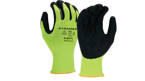 SafetyCo Pyramex Micro-Foam Nitrile Gloves (GL607C Series) Lime 13 gauge HPPE liner Nitrile micro-foam palm coating Good grip in all conditions Hi-vis