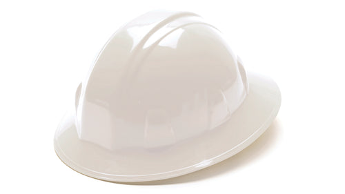 SafetyCo Pyramex SL SERIES FULL BRIM HARD HAT HP24110 White Full Brim Style 4-Point Ratchet Features Shell constructed from high density polyethylene materials Ratchet suspension is easy to adjust and allows the wearer to modify the fit while wearing hard hat Soft brow pad is replaceable Replaceable suspensions and headbands also available Custom imprinting available