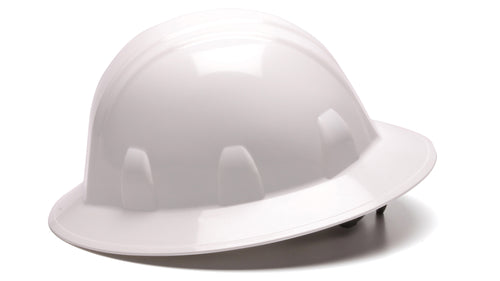 SafetyCo Pyramex SL SERIES FULL BRIM HARD HAT  HP24110 White Full Brim Style 4-Point Ratchet  Features  Shell constructed from high density polyethylene materials Ratchet suspension is easy to adjust and allows the wearer to modify the fit while wearing hard hat Soft brow pad is replaceable Replaceable suspensions and headbands also available Custom imprinting available