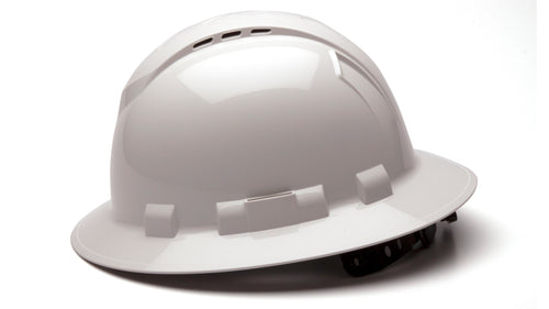 SafetyCo Pyramex RIDGELINE FULL BRIM HARD HAT  HP54110V White Full Brim Style 4-Point Vented Ratchet Same options as the standard Ridgeline with the addition of air vents at top and rear of hardhat, which help circulate air and keep the head cool and dry Vented Ridgeline hardhats meet Class C