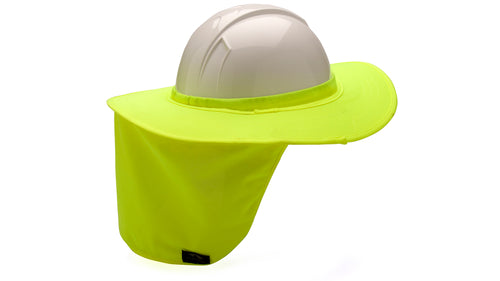 SafetyCo Pyramex HPSHADE30 Hi-vis Yellow Hard Hat Brim with Neck Shade  Features  Soft lightweight material Hi-vis material for greater visibility Blocks sun from your face and neck on job sites lacking other forms of shade Fits on the outside of cap style and full brim hard hats Shown with Ridgeline hard hat - sold separately