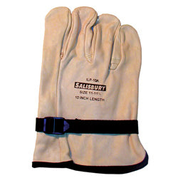 SafetyCo Salisbury Leather Protector Glove Import Cowhide 10'' Length With Pull Strap ILP10A Stock Item  Manufactured from top grain goatskin.   Offer excellent comfort and protection.  Features adjustable straps with non-metallic buckles and are stitched with polyester thread for strong seams.   Cuffs are tough leather on palm side and orange vinyl on the back of the hand. This glove features a pull strap.   Length: 10" 