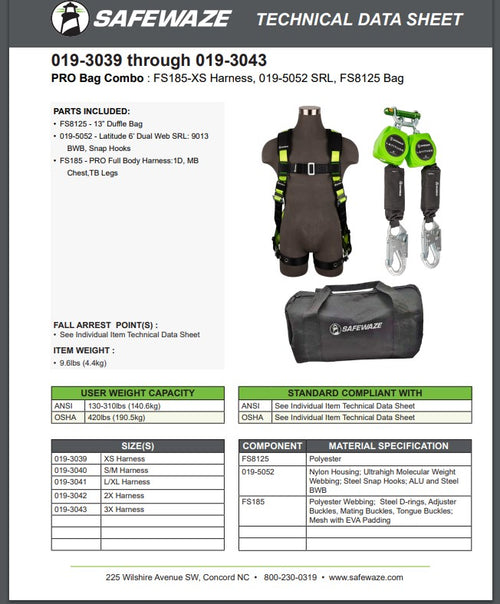 Safewaze 019-3040 - PRO Bag Combo: FS185-S/M Harness, 019-5052 SRL, FS8125 Bag
