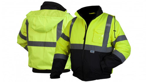 Pyramex RJ3210 Hi Vis Lime Black Bottom Bomber Safety Jacket - Quilted Lining - Type R - Class 3