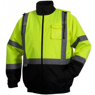Pyramex RJ3210T Hi Vis Yellow Black Bottom Bomber Safety Jacket - Tall Length - Quilted Lining - Type R - Class 3