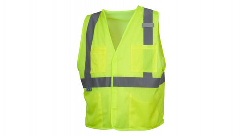 SafetyCo Pyramex Type R - Class 2 Hi-Vis Lime Safety Vest Hi-Vis lightweight polyester mesh material 2" silver reflective material Hook and Loop front closure Chest pocket with hook and loop closure Deep and wide inside pocket