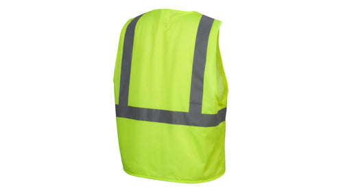 SafetyCo Pyramex Type R - Class 2 Hi-Vis Lime Safety Vest Hi-Vis lightweight polyester mesh material 2" silver reflective material Hook and Loop front closure Chest pocket with hook and loop closure Deep and wide inside pocket
