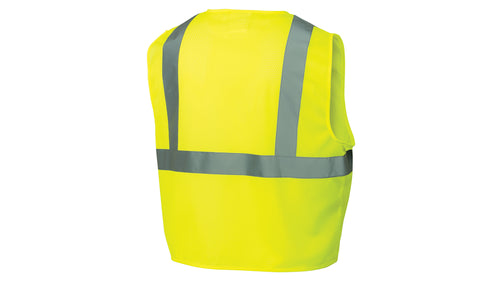 SafetyCo Pyramex Type R - Class 2 Hi-Vis Lime Safety Vest Hi-Vis lightweight polyester mesh material 2" silver reflective material Zipper front closure Chest pocket with hook and loop closure Deep and wide inside pocket