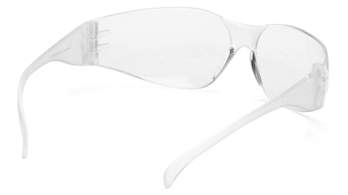 SafetyCo Pyramex INTRUDER Clear +1.5 Reader Lens with Clear Temples Lens. Features: insert is out of user's direct line of vision. Lightweight, frameless protection. Superior comfort and fit. Mini Intruder has all the great features of Intruder in a design better suited for smaller facial size. Scratch resistant polycarbonate lens provides 99% UVA/B/C protection.
