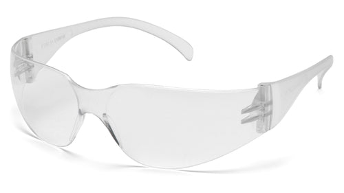 SafetyCo Pyramex  S4110ST Clear Anti-Fog Lens with Clear Temples  Features  Lightweight, frameless protection. Superior comfort and fit. Scratch resistant polycarbonate lens provides 99% UVA/B/C protection.