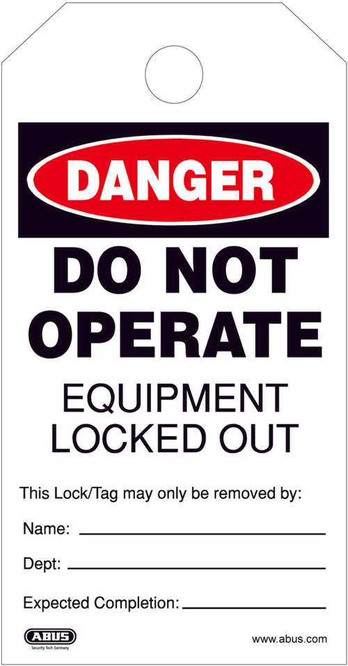 SafetyCo ABUS Technology: Prevent accidental or unexpected start-up or release of stored energy when working on equipment or machinery Recycled plastic, high quality, made in the USA Available in two tag types: DO NOT OPERATE and OUT OF SERVICE