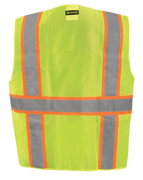 SafetyCo Occunomix High Visibility Classic Mesh Two-Tone Surveyor Safety Vest Meets ANSI/ISEA 107-2015 Class 2 - Type R Polyester Solid Front/Mesh Back 2" Reflective Tape Zipper Closure Large arm opening for ease over outwear 25 Washes Inner Pockets: 2 Lower Outer Pockets: 2 Lower Flapped, 1 Divided and 4 Pen Compartments